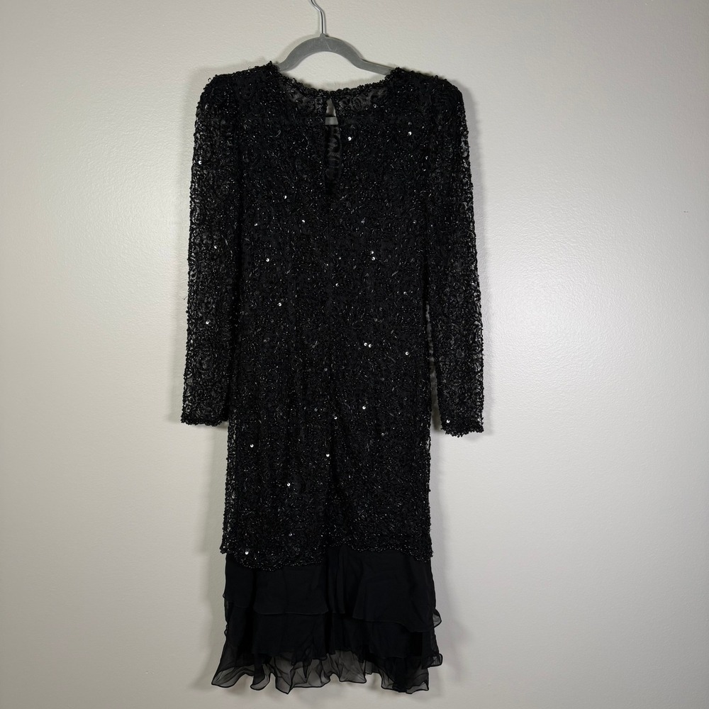 Oleg Cassini Cocktail Dress 4 Black Silk Beaded Vintage Lace Sequin Ruffle Hem